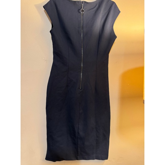 Neiman Marcus Dresses & Skirts - Neiman Marcus Navy Blue Ruched Waist Sheath Dress Cap Sleeve Exposed Zip Small